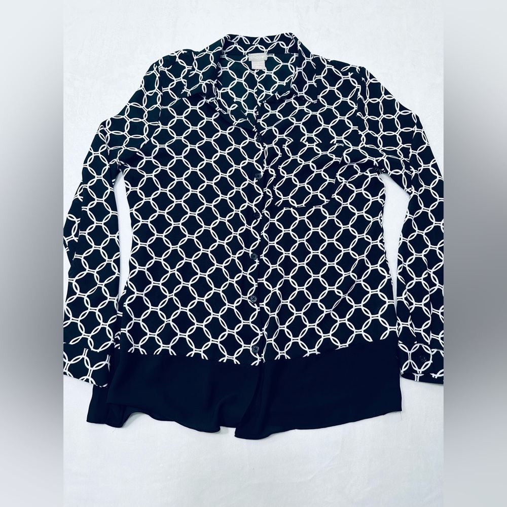 Chico's Black White LS Button Up Blouse Womens 0 Normcore Everyday Basic Capsule